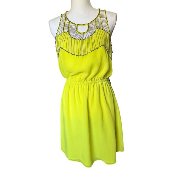 Bebe VTG Y2K Yellow Cage Beaded Sleeveless Mini Cocktail Dress Beaded Chain sz M - Picture 1 of 10